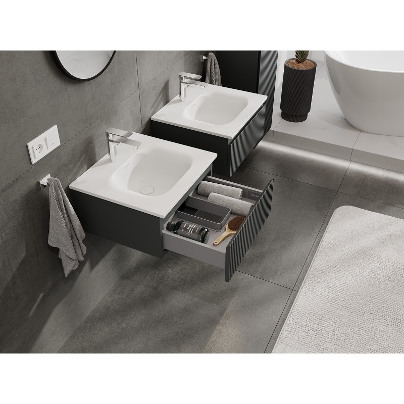 Mexen Rivel meuble de salle de bain 50 cm avec lavabo Vela, 1 tiroir, cannelé, graphite mat/blanc mat