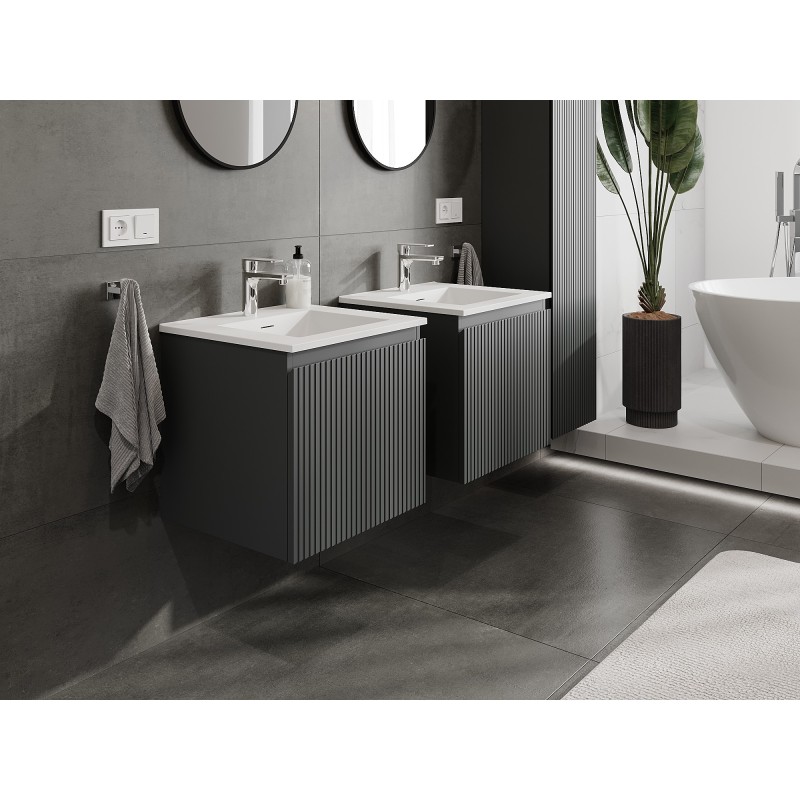 Mexen Rivel meuble de salle de bains 50 cm avec lavabo Otis, 1 tiroir, cannelé, graphite mat/blanc mat