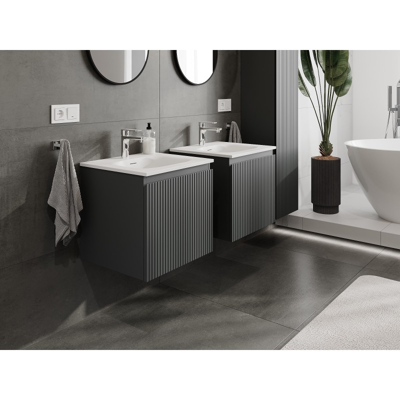 Mexen Rivel armoire de salle de bain 50 cm avec lavabo Vela, 1 tiroir, cannelée, graphite mat/blanc mat