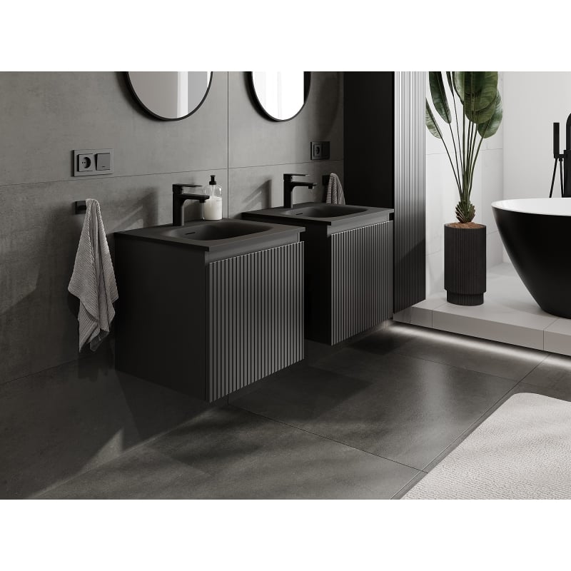 Mexen Rivel armoire de salle de bain 50 cm avec lavabo Vela, 1 tiroir, rainuré, noir mat - 91A20-05047-1-BF71-W23M71