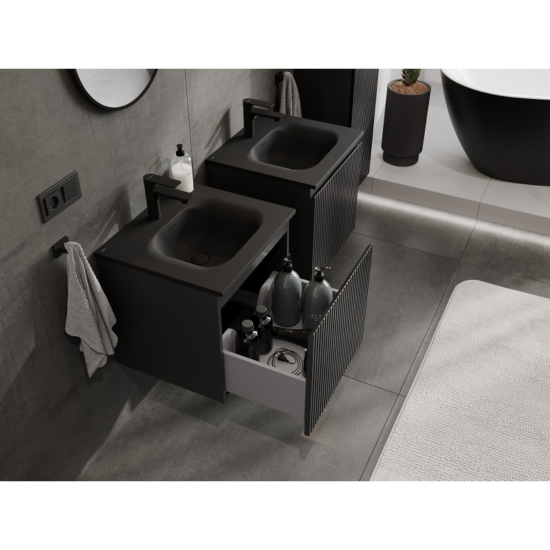 Mexen Rivel armoire de salle de bain 50 cm avec lavabo Vela, 1 tiroir, rainuré, noir mat - 91A20-05047-1-BF71-W23M71