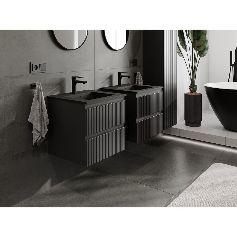 Mexen Rivel meuble de salle de bains 50 cm avec lavabo Otis, 2 tiroirs, nervuré, noir mat - 91A20-05047-2-BFF71-W18M71