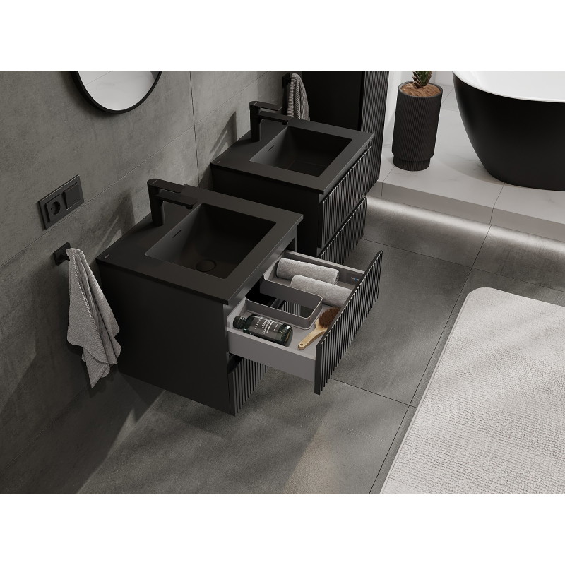 Mexen Rivel meuble de salle de bains 50 cm avec lavabo Otis, 2 tiroirs, nervuré, noir mat - 91A20-05047-2-BFF71-W18M71