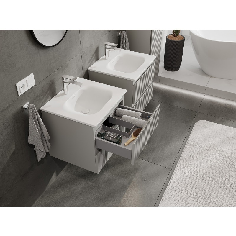 Mexen Rivel armoire de salle de bains 50 cm avec lavabo Vela, 2 tiroirs, rainurée, gris mat/blanc mat