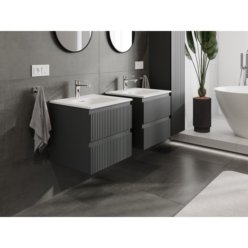 Mexen Rivel meuble de salle de bain 50 cm avec lavabo Vela, 2 tiroirs, rainuré, graphite mat/blanc mat