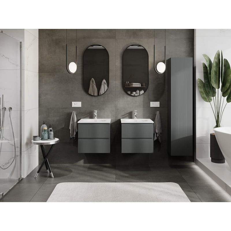 Mexen Rivel meuble de salle de bain 50 cm avec lavabo Vela, 2 tiroirs, rainuré, graphite mat/blanc mat