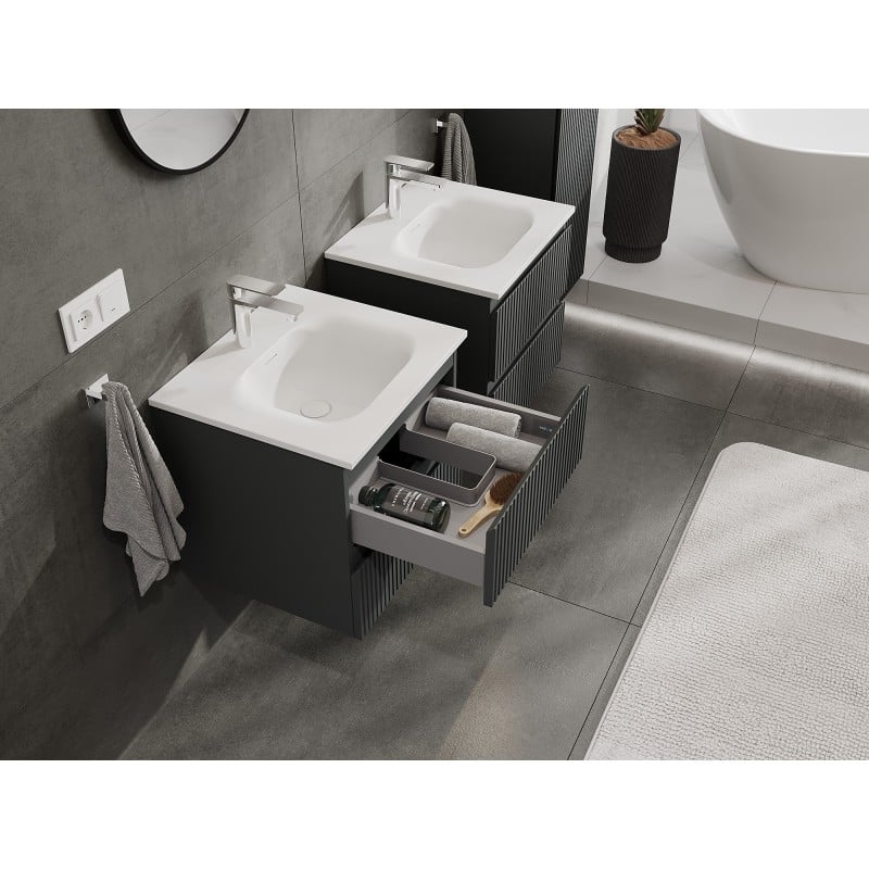 Mexen Rivel meuble de salle de bain 50 cm avec lavabo Vela, 2 tiroirs, rainuré, graphite mat/blanc mat