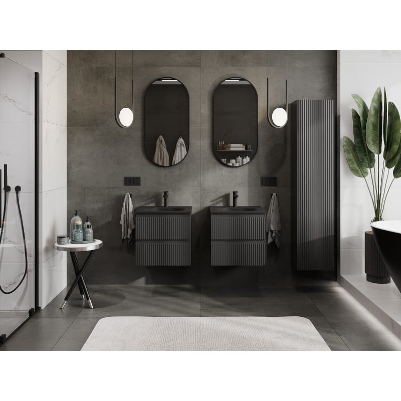 Mexen Rivel meuble de salle de bain 50 cm avec lavabo Vela, 2 tiroirs, rainuré, noir mat - 91A20-05047-2-BFF71-W23M71