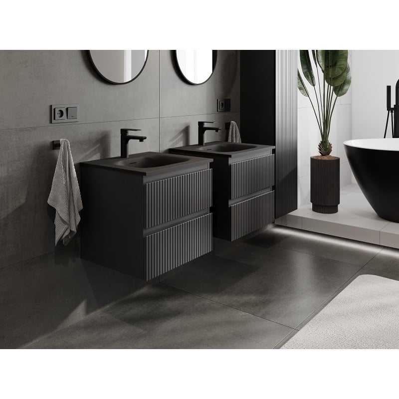 Mexen Rivel meuble de salle de bain 50 cm avec lavabo Vela, 2 tiroirs, rainuré, noir mat - 91A20-05047-2-BFF71-W23M71