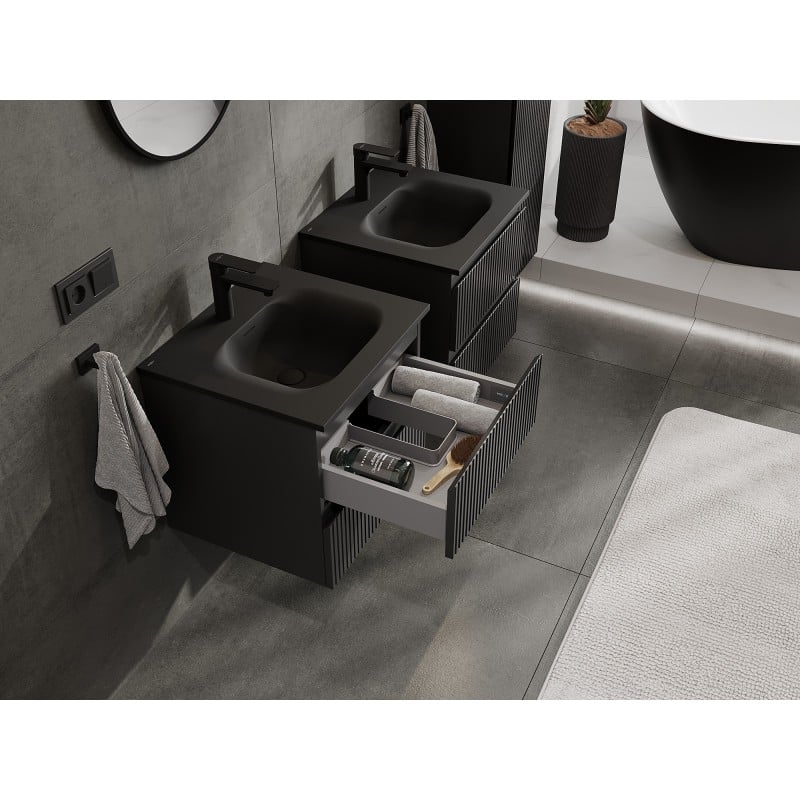 Mexen Rivel meuble de salle de bain 50 cm avec lavabo Vela, 2 tiroirs, rainuré, noir mat - 91A20-05047-2-BFF71-W23M71
