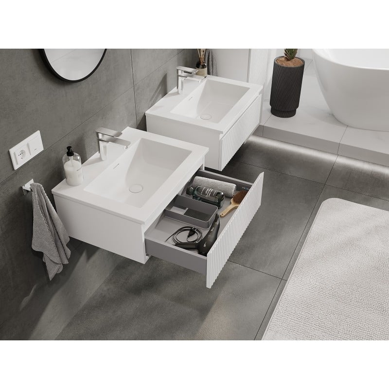 Mexen Rivel meuble de salle de bain 60 cm avec lavabo Otis, 1 tiroir, rainuré, blanc mat - 91A20-06023-1-BF01-W18M01