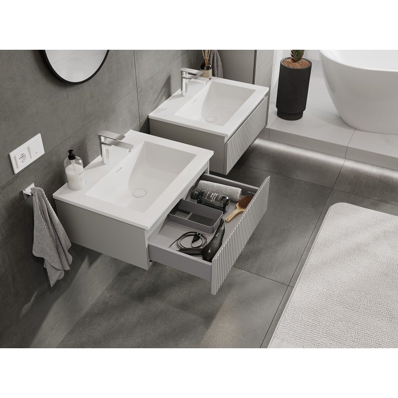 Mexen Rivel meuble de salle de bain 60 cm avec lavabo Otis, 1 tiroir, rainuré, gris mat/blanc mat - 91A20-06023-1-BF62-W18M01