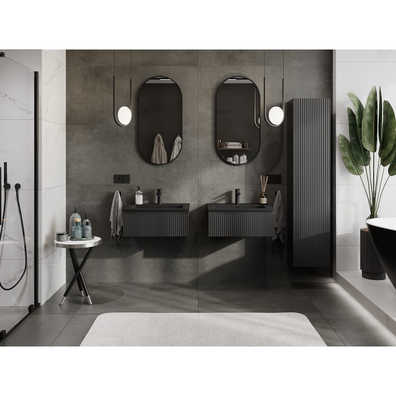 Mexen Rivel armoire de salle de bain 60 cm avec lavabo Otis, 1 tiroir, cannelé, noir mat - 91A20-06023-1-BF71-W18M71