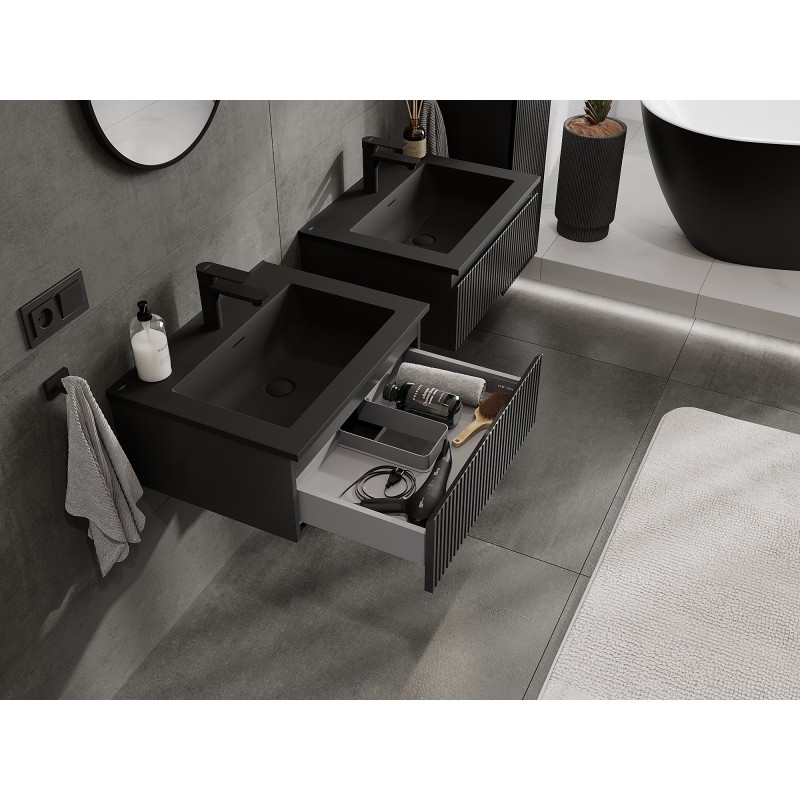 Mexen Rivel armoire de salle de bain 60 cm avec lavabo Otis, 1 tiroir, cannelé, noir mat - 91A20-06023-1-BF71-W18M71