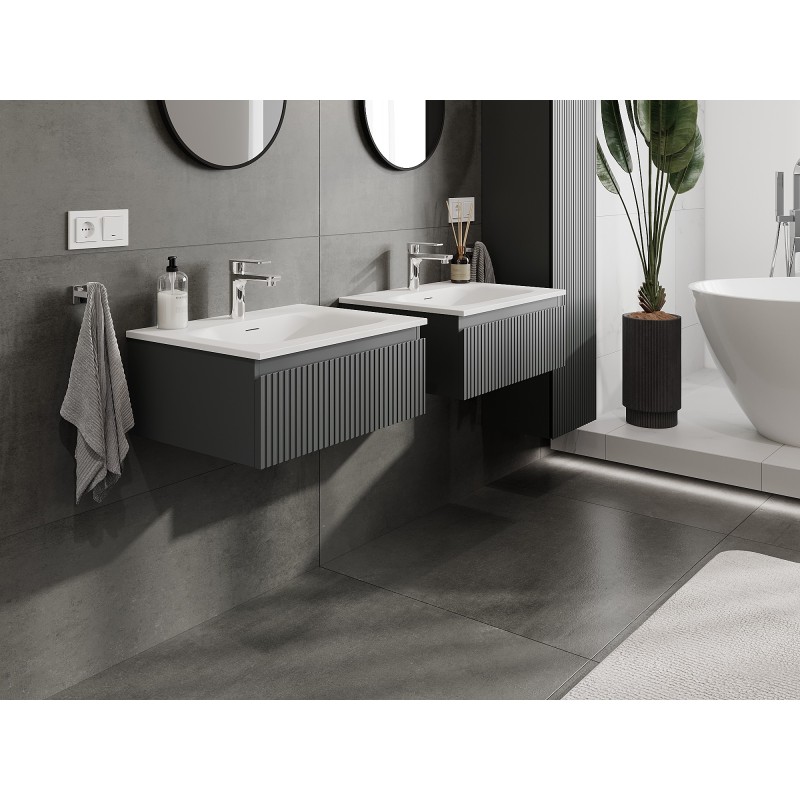 Mexen Rivel meuble de salle de bain 60 cm avec lavabo Vela, 1 tiroir, rainuré, graphite mat/blanc mat