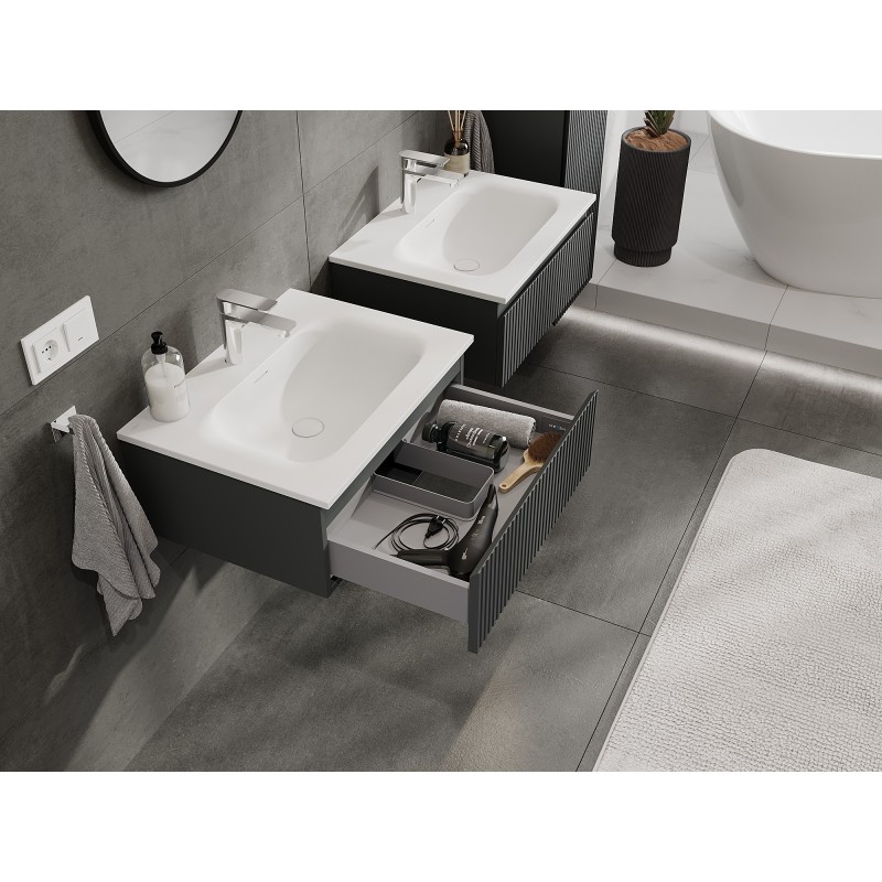 Mexen Rivel meuble de salle de bain 60 cm avec lavabo Vela, 1 tiroir, rainuré, graphite mat/blanc mat