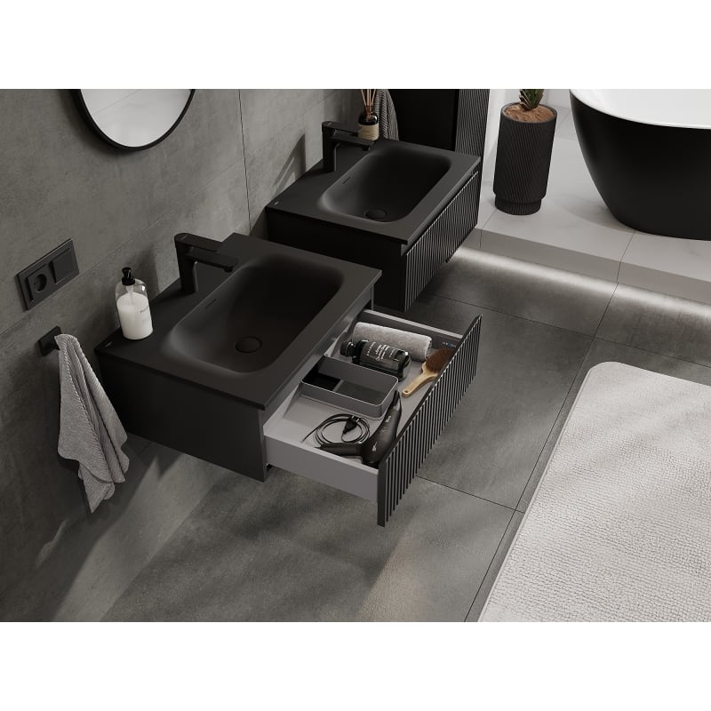 Mexen Rivel meuble de salle de bains 60 cm avec lavabo Vela, 1 tiroir, rainuré, noir mat - 91A20-06023-1-BF71-W23M71