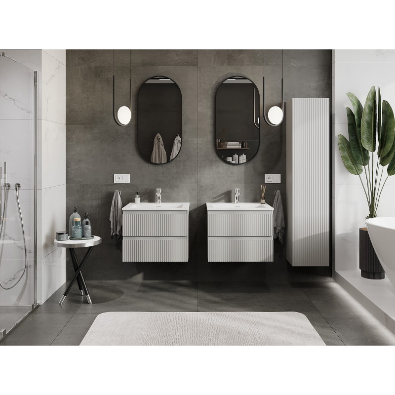 Mexen Rivel armoire de salle de bain 60 cm avec lavabo Otis, 2 tiroirs, rainurée, gris mat/blanc mat