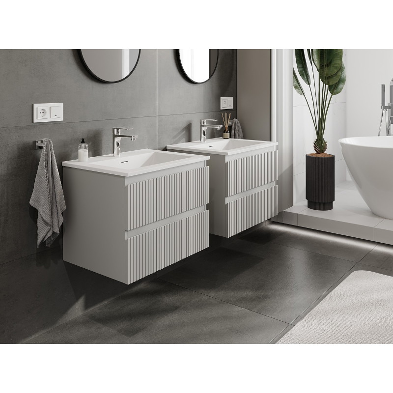 Mexen Rivel armoire de salle de bain 60 cm avec lavabo Otis, 2 tiroirs, rainurée, gris mat/blanc mat