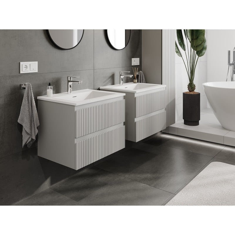 Mexen Rivel meuble de salle de bain 60 cm avec lavabo Otis, 2 tiroirs, rainuré, gris mat/blanc mat - 91A20-06047-2-BFF62-W18M01