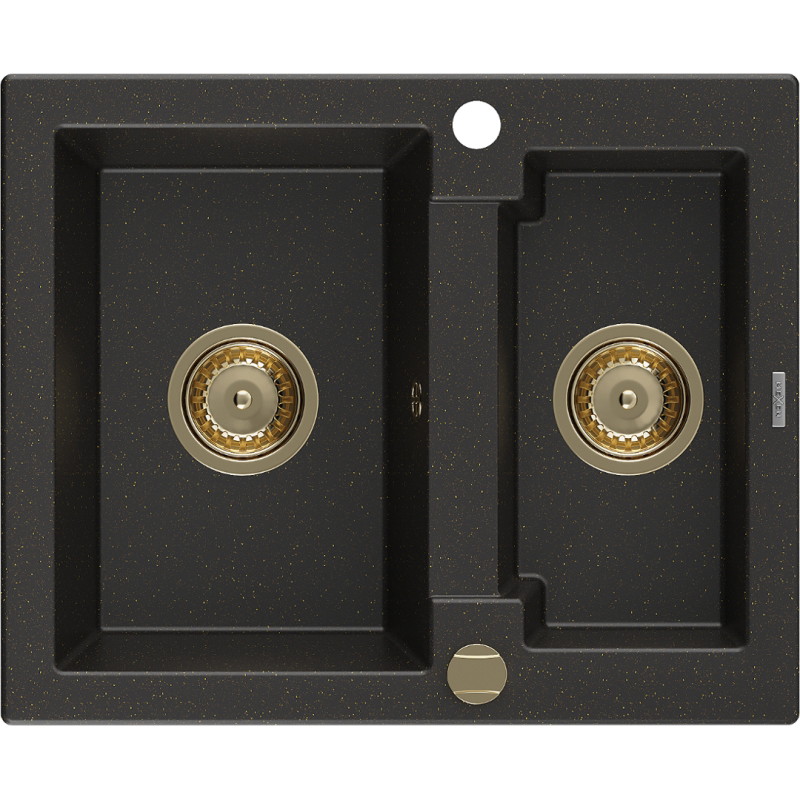 Mexen Carlos évier en granit 1,5 bac 582 x 475 mm, noir/doré métallisé, siphon doré - 6518581500-75-G