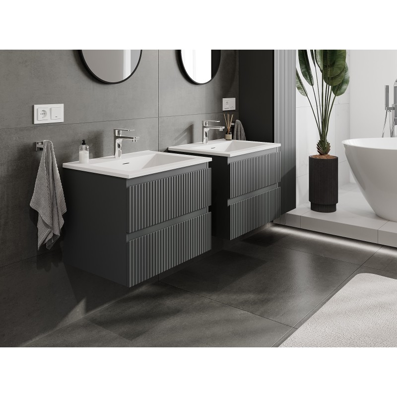 Mexen Rivel meuble de salle de bain 60 cm avec lavabo Otis, 2 tiroirs, rainuré, graphite mat/blanc mat -
