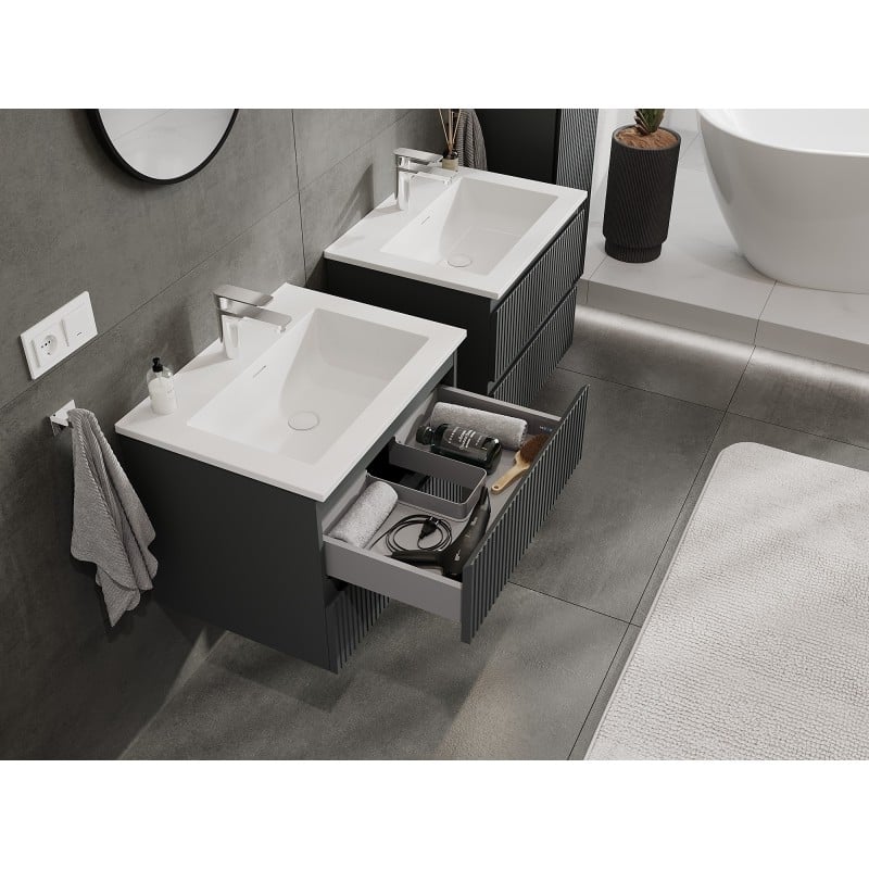 Mexen Rivel meuble de salle de bain 60 cm avec lavabo Otis, 2 tiroirs, rainuré, graphite mat/blanc mat -