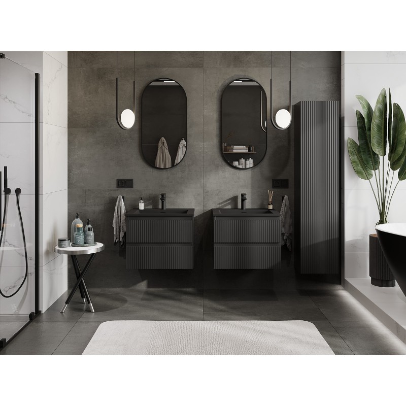 Mexen Rivel meuble de salle de bain 60 cm avec lavabo Otis, 2 tiroirs, rainurés, noir mat - 91A20-06047-2-BFF71-W18M71