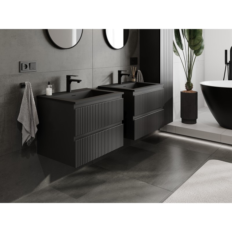 Mexen Rivel meuble de salle de bain 60 cm avec lavabo Otis, 2 tiroirs, rainurés, noir mat - 91A20-06047-2-BFF71-W18M71