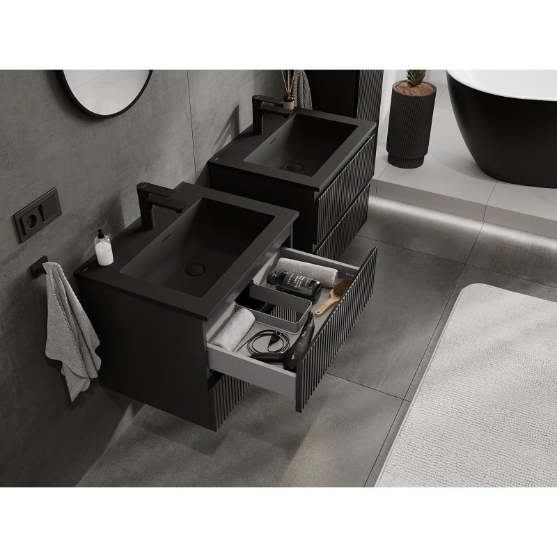 Mexen Rivel meuble de salle de bain 60 cm avec lavabo Otis, 2 tiroirs, rainurés, noir mat - 91A20-06047-2-BFF71-W18M71