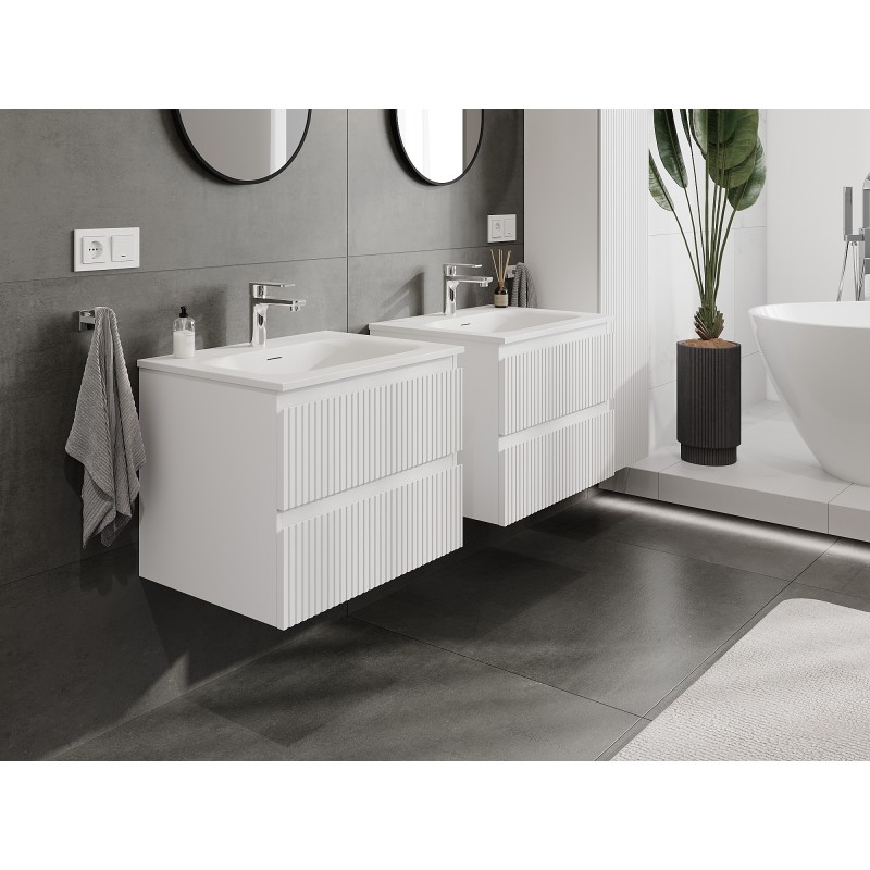 Mexen Rivel meuble de salle de bain 60 cm avec lavabo Vela, 2 tiroirs, rainuré, blanc mat - 91A20-06047-2-BFF01-W23M01