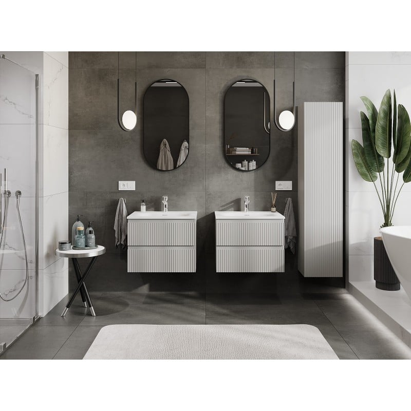 Mexen Rivel armoire de salle de bains 60 cm avec lavabo Vela, 2 tiroirs, rainurée, gris mat/blanc mat