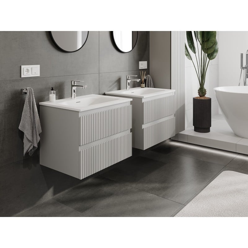 Mexen Rivel armoire de salle de bains 60 cm avec lavabo Vela, 2 tiroirs, rainurée, gris mat/blanc mat