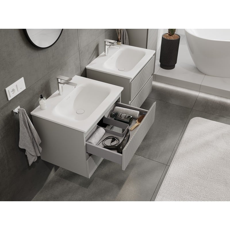 Mexen Rivel armoire de salle de bains 60 cm avec lavabo Vela, 2 tiroirs, rainurée, gris mat/blanc mat
