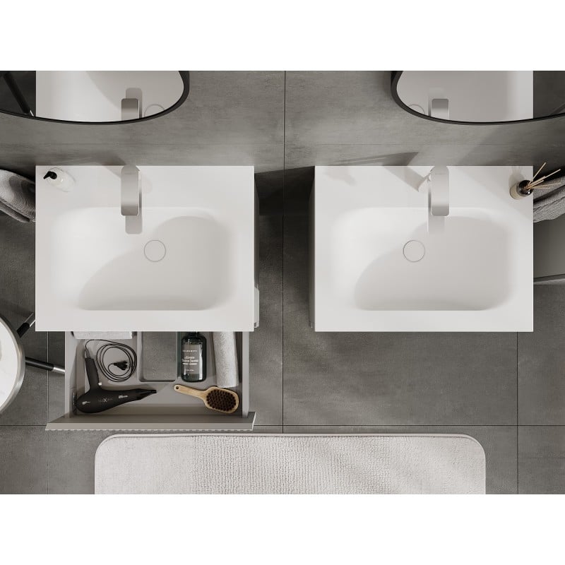 Mexen Rivel armoire de salle de bains 60 cm avec lavabo Vela, 2 tiroirs, rainurée, gris mat/blanc mat