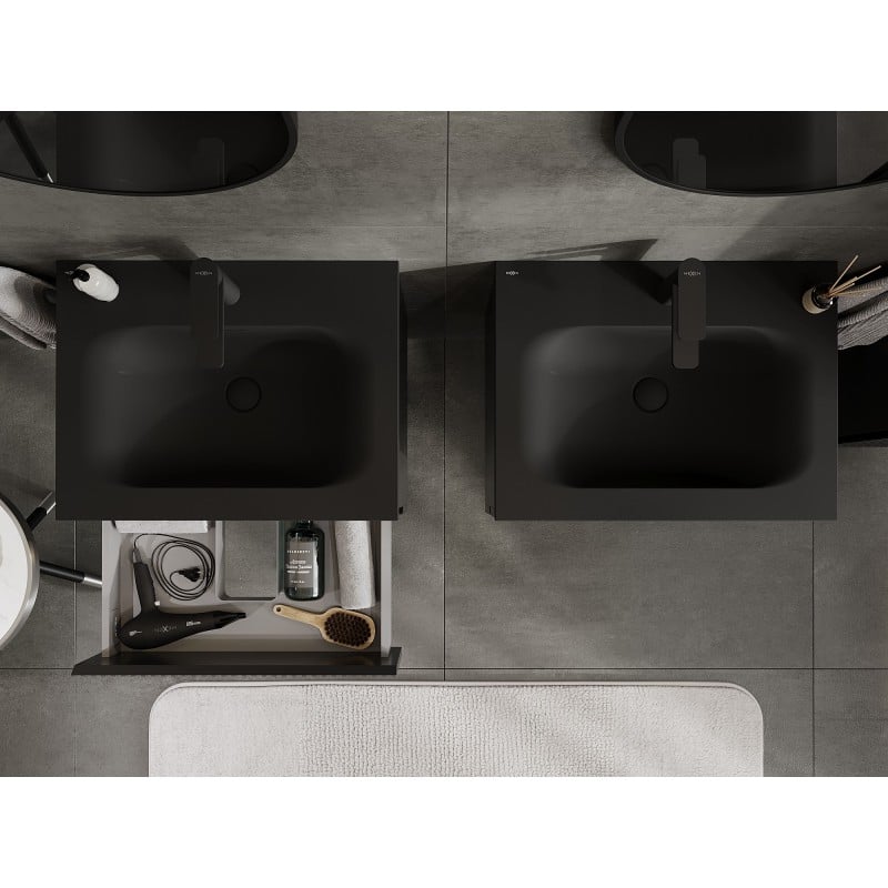 Mexen Rivel meuble de salle de bain 60 cm avec lavabo Vela, 2 tiroirs, rainuré, noir mat - 91A20-06047-2-BFF71-W23M71