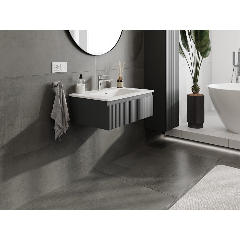 Mexen Rivel armoire de salle de bain 70 cm avec lavabo Otis, 1 tiroir, rainurée, graphite mat/blanc mat