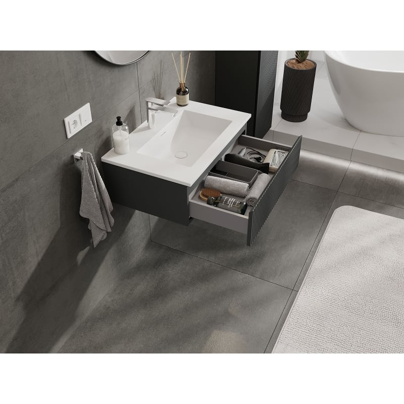 Mexen Rivel armoire de salle de bain 70 cm avec lavabo Otis, 1 tiroir, rainurée, graphite mat/blanc mat