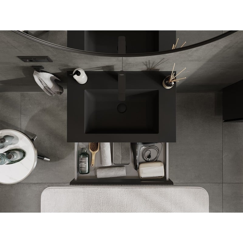 Mexen Rivel meuble de salle de bain 70 cm avec lavabo Otis, 1 tiroir, rainuré, noir mat - 91A20-07023-1-BF71-W18M71