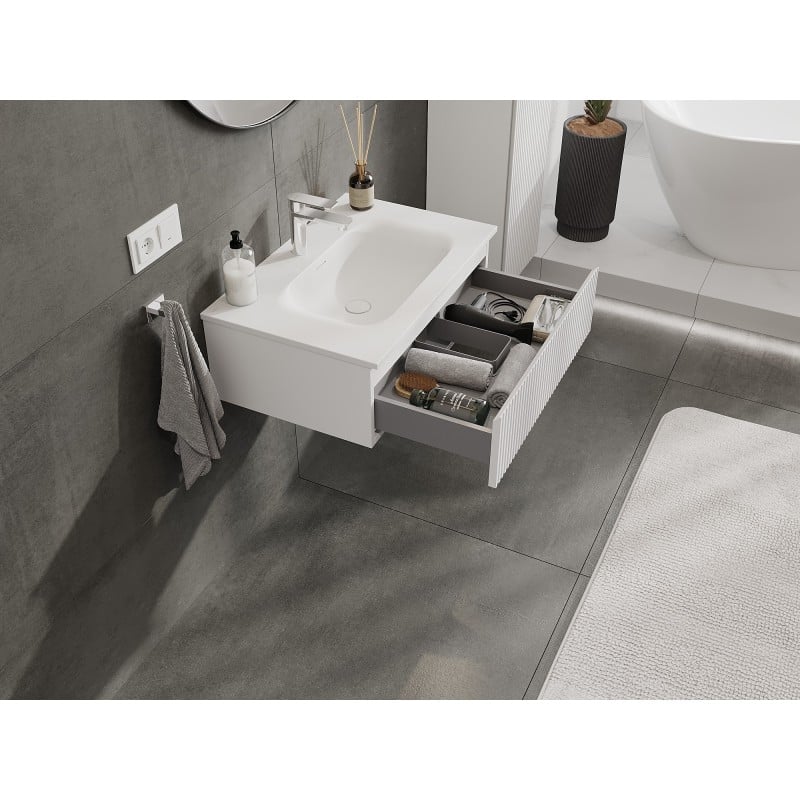 Mexen Rivel meuble de salle de bain 70 cm avec lavabo Vela, 1 tiroir, rainuré, blanc mat - 91A20-07023-1-BF01-W23M01