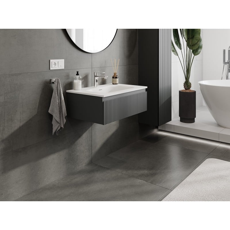 Mexen Rivel meuble de salle de bain 70 cm avec lavabo Vela, 1 tiroir, cannelé, graphite mat/blanc mat