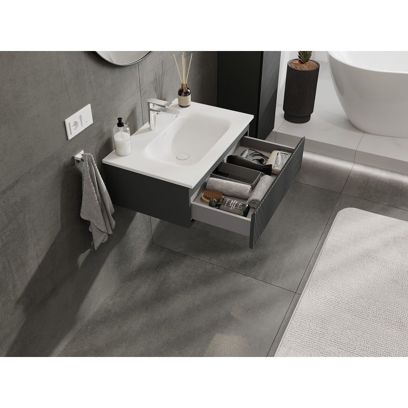 Mexen Rivel meuble de salle de bain 70 cm avec lavabo Vela, 1 tiroir, cannelé, graphite mat/blanc mat