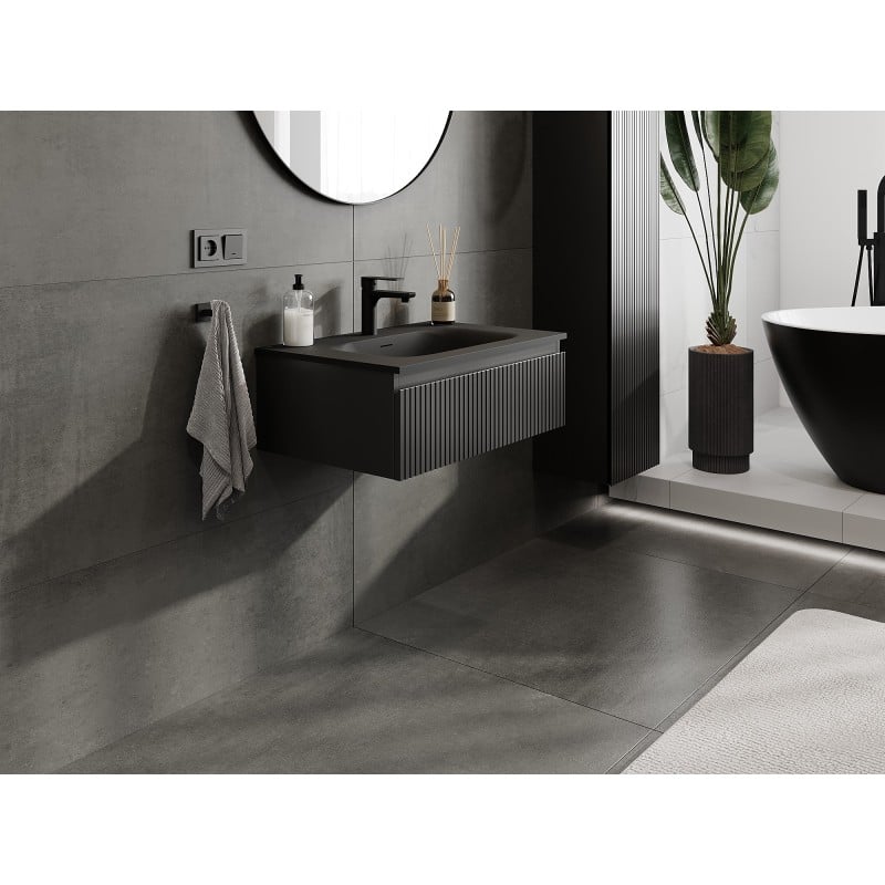 Mexen Rivel meuble de salle de bain 70 cm avec lavabo Vela, 1 tiroir, rainuré, noir mat - 91A20-07023-1-BF71-W23M71