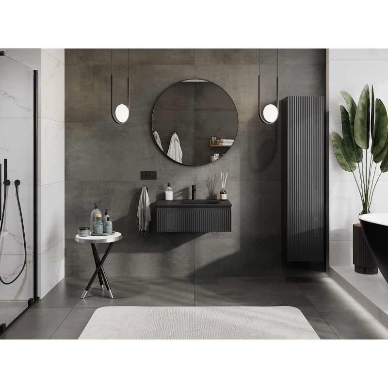 Mexen Rivel meuble de salle de bain 70 cm avec lavabo Vela, 1 tiroir, rainuré, noir mat - 91A20-07023-1-BF71-W23M71