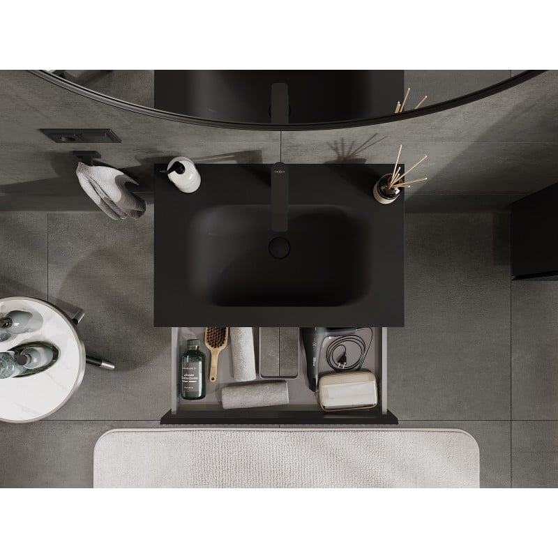 Mexen Rivel meuble de salle de bain 70 cm avec lavabo Vela, 1 tiroir, rainuré, noir mat - 91A20-07023-1-BF71-W23M71