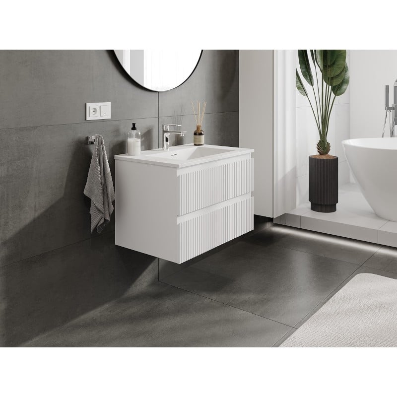 Mexen Rivel meuble de salle de bain 70 cm avec lavabo Otis, 2 tiroirs, rainuré, blanc mat - 91A20-07047-2-BFF01-W18M01