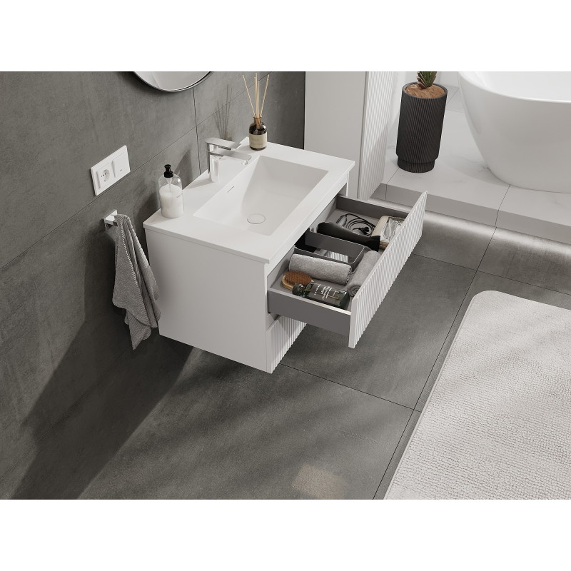 Mexen Rivel armoire de toilette 70 cm avec lavabo Otis, 2 tiroirs, rainurée, blanc mat - 91A20-07047-2-BFF01-W18M01