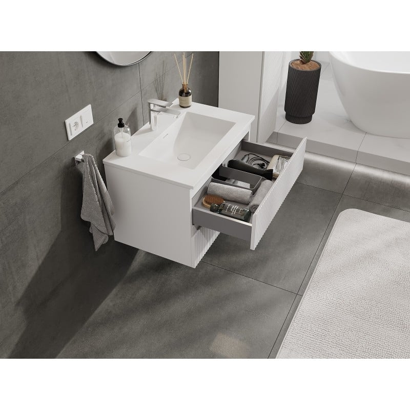Mexen Rivel meuble de salle de bain 70 cm avec lavabo Otis, 2 tiroirs, rainuré, blanc mat - 91A20-07047-2-BFF01-W18M01