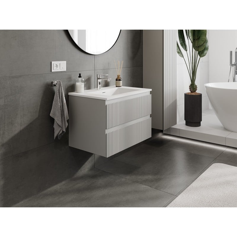Mexen Rivel meuble de salle de bain 70 cm avec lavabo Otis, 2 tiroirs, rainuré, gris mat/blanc mat - 91A20-07047-2-BFF62-W18M01