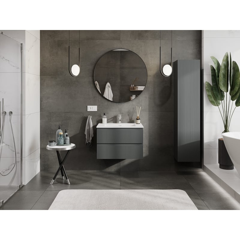 Mexen Rivel meuble de salle de bain 70 cm avec lavabo Otis, 2 tiroirs, rainuré, graphite mat/blanc mat -